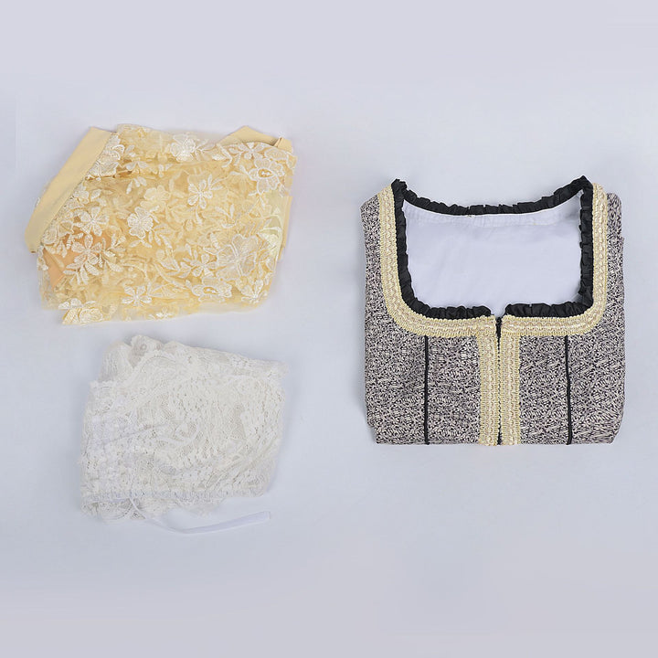 Damen nan Bouclé Top mit quadratischem Ausschnitt Goldborte und Rüschenkante Echo Archiv