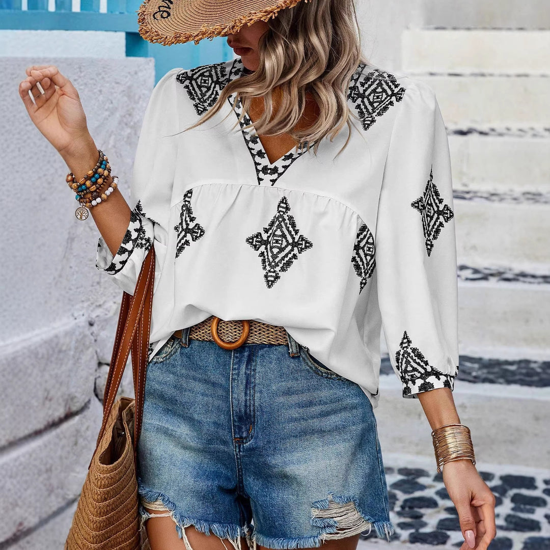 Damen Locker geschnittene Boho‑Bluse mit V‑Ausschnitt, geraffter Brustnaht und dreiviertelärmeln Echo Archiv