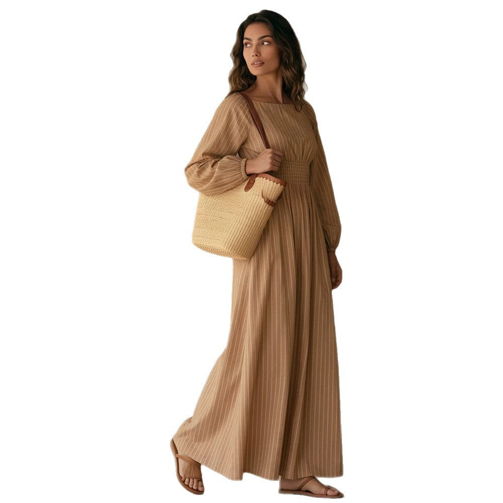 Damen Maxikleid mit Smok-Taillenband, Quadrat-Ausschnitt und langen Ballonärmeln Echoarchiv