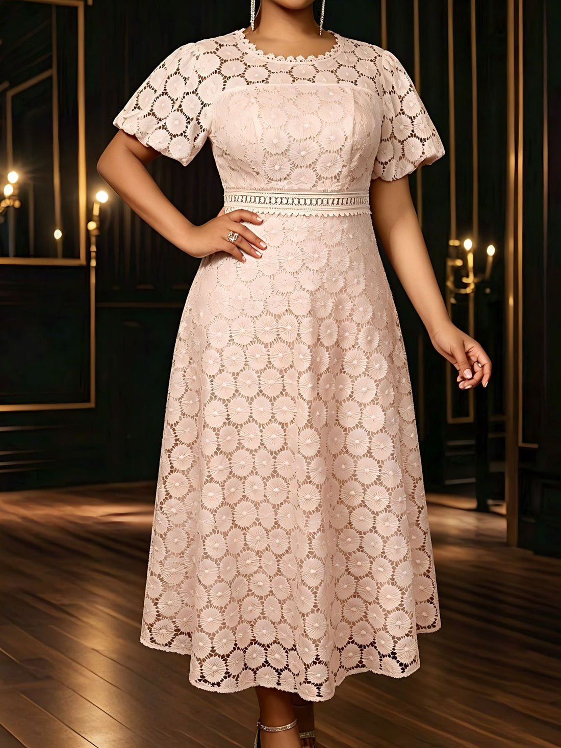 Damen Midi-Kleid mit eleganter Spitzenapplikation und Puffärmeln – Élara