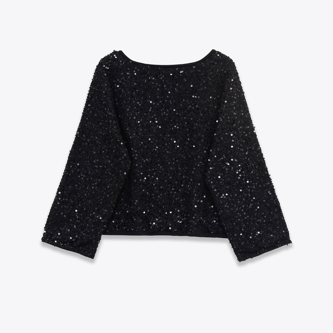 Damen Pailletten-Strickjacke mit Rundhalsausschnitt und dezenter Knopfleiste – Veloura