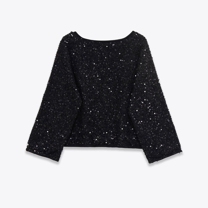 Damen Pailletten-Strickjacke mit Rundhalsausschnitt und dezenter Knopfleiste – Veloura