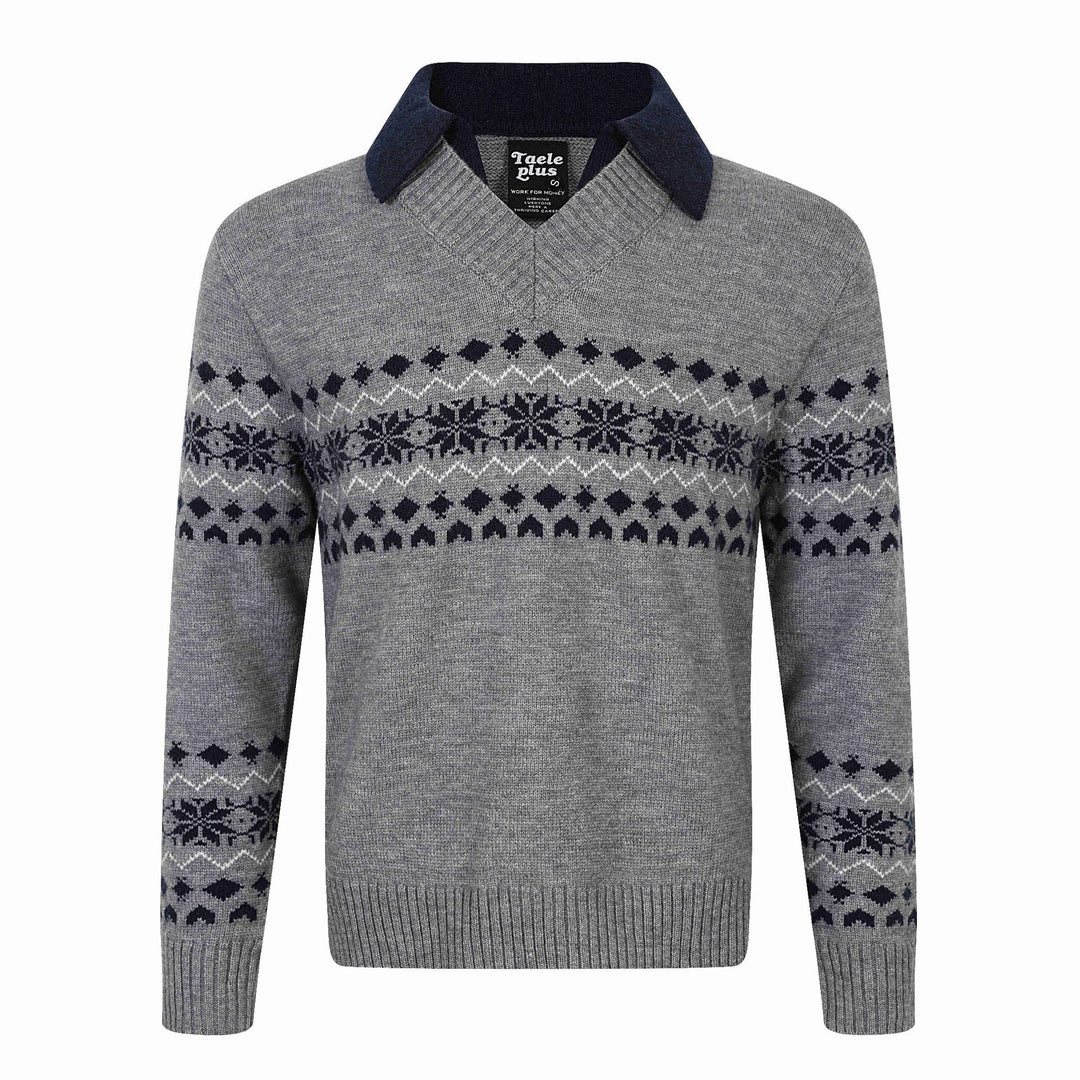 Herren Norweger-Strickpullover mit V‑Ausschnitt und kontrastierendem Hemdkragen Echoarchiv