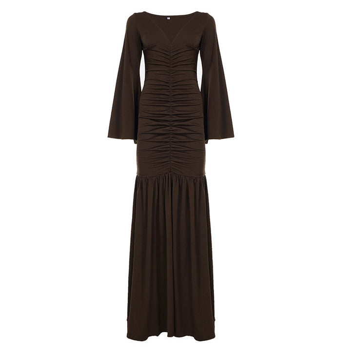 Damen nan gerafftes Maxikleid mit V-Ausschnitt, Trompetenärmeln und Stufenrüsche Echo Archiv