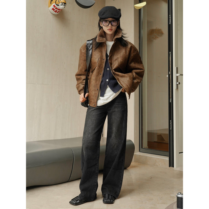 Damen weite High‑Waist Denim‑Jeans im Baggy‑Cut mit Mittelnaht und Used‑Effekt Echoarchiv