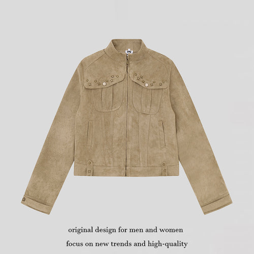 Damen Kurz geschnittene Velourslederjacke mit Stehkragen, Zier‑Nieten und Pattentaschen Echoarchiv