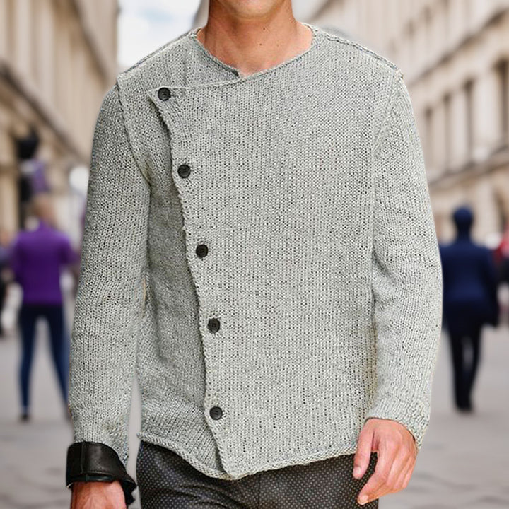 Herren Strickpullover mit innovativem Stehkragen und asymmetrischer Knopfleiste Echoarchiv