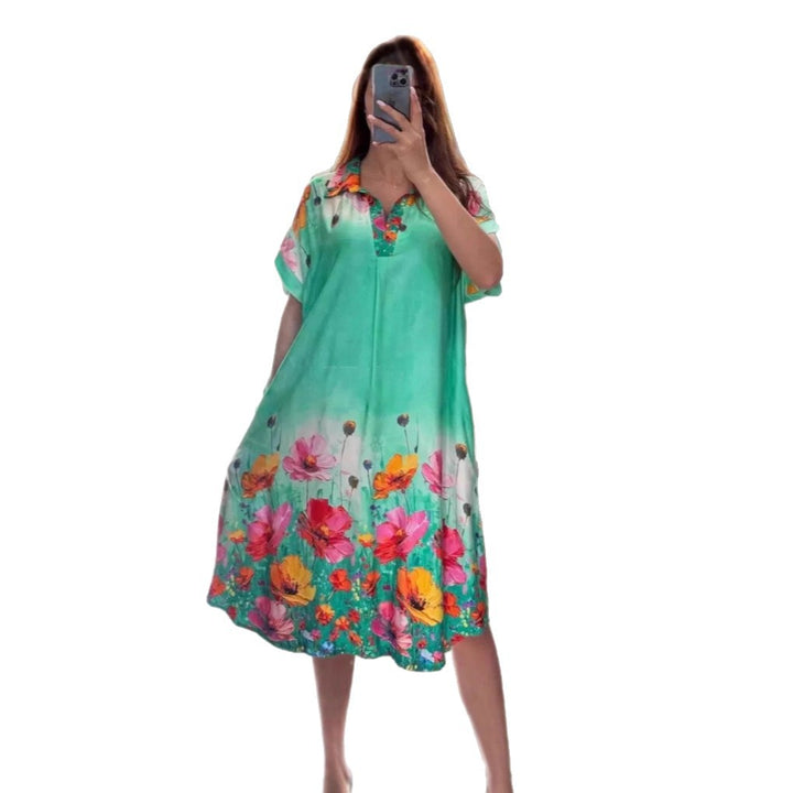 Damen nan leichtes Hemdblusenkleid mit floralem Bordürenprint, offenem V‑Ausschnitt und Einschubtaschen Echo Archiv