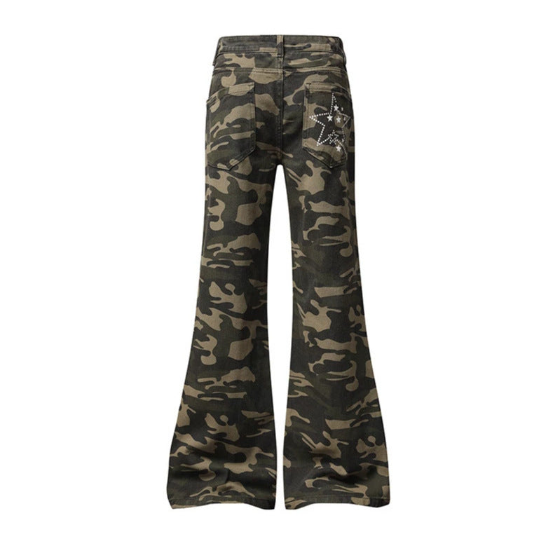 Damen Weite High‑Waist Palazzo‑Jeans im Camouflage‑Print mit Stern‑ und Schriftapplikationen, Schlaghose Echoarchiv