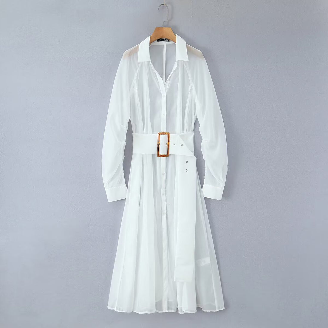 Damen Transparentes Hemdblusenkleid mit weitem Taillengürtel und Volantrock Echoarchiv