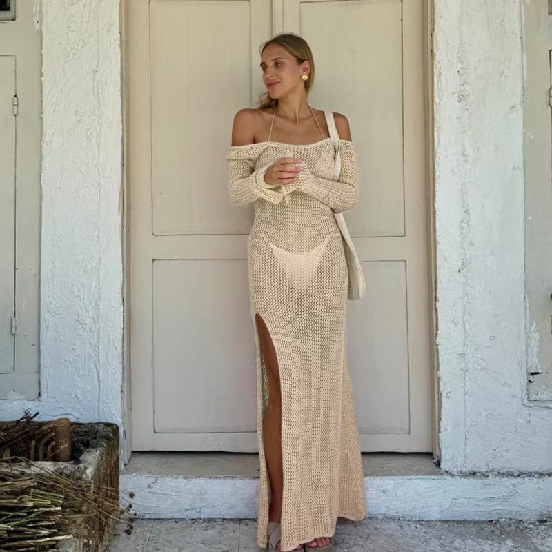 Damen Häkel-Maxikleid mit offener Schulterpartie und seitlichem Schlitz Echo Archiv