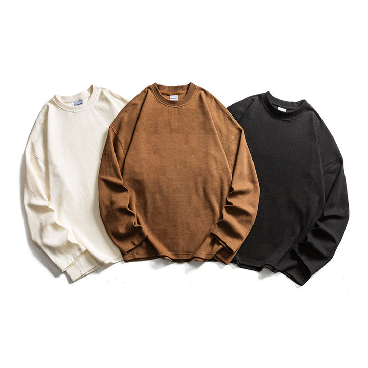 Unisex Grobstrukturierter Waffelstrick-Langarmpullover im Oversize-Schnitt mit Rundhals Echoarchiv