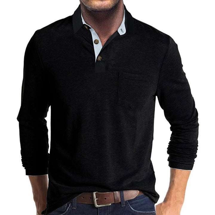 Herren langärmliges Polohemd mit Brusttasche, Kontrastknopfleiste und legerer Stretch-Passform – Cavello