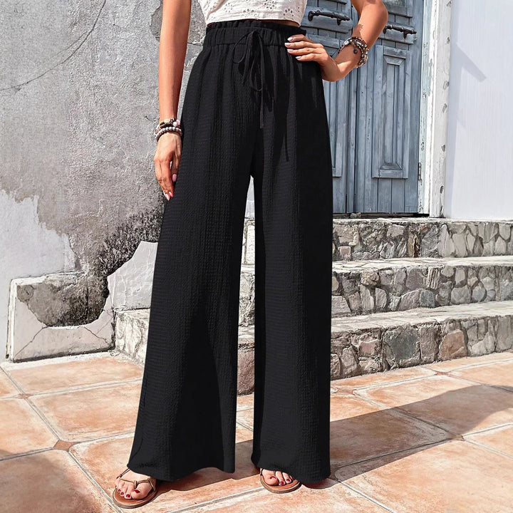 Damen Leichte Palazzo-Loungehose mit strukturierter Crinkle-Optik, hohem Gummibund und Kordelzug – Avélisse