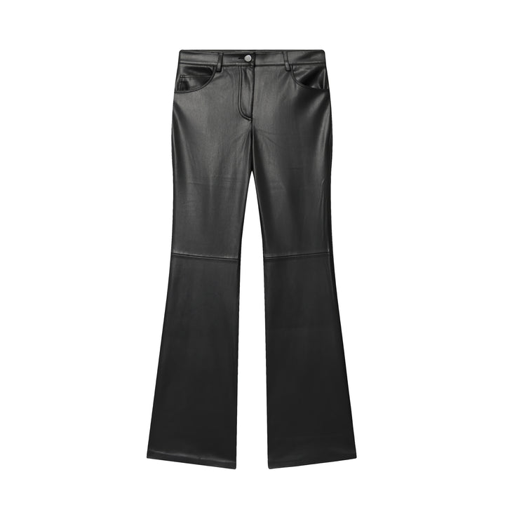 Damen weit geschnittene Kunstleder‑Flarehose mit Teilungsnähten und aufgesetzten Gesäßtaschen – Avélisse