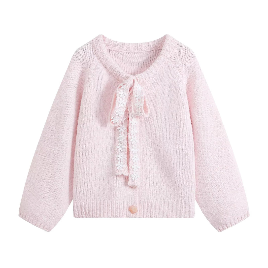 Damen Flauschige Strickjacke mit Spitzenband-Bindung Echo Archiv