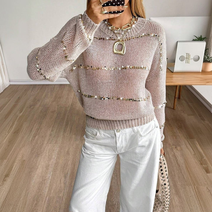 Damen Grobstrick-Pullover mit Paillettenstreifen, Oversize-Schnitt & Rundhalsausschnitt Echoarchiv