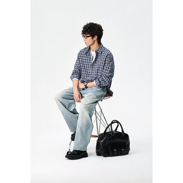 Herren Relaxed-Fit Karo-Hemd mit Kentkragen, abgerundetem Saum und Brusttasche Echoarchiv