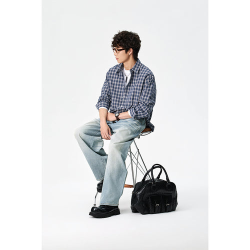 Herren Relaxed-Fit Karo-Hemd mit Kentkragen, abgerundetem Saum und Brusttasche Echoarchiv