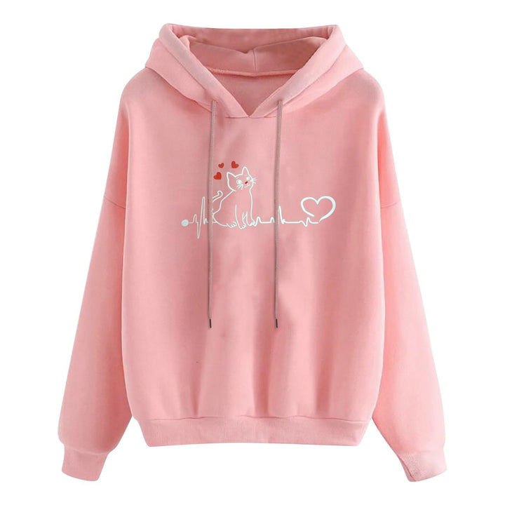 Damen leichter Oversize Kapuzenpullover mit Herz‑EKG‑Motiv, langen Kordeln und elastischem Bund – Auréline