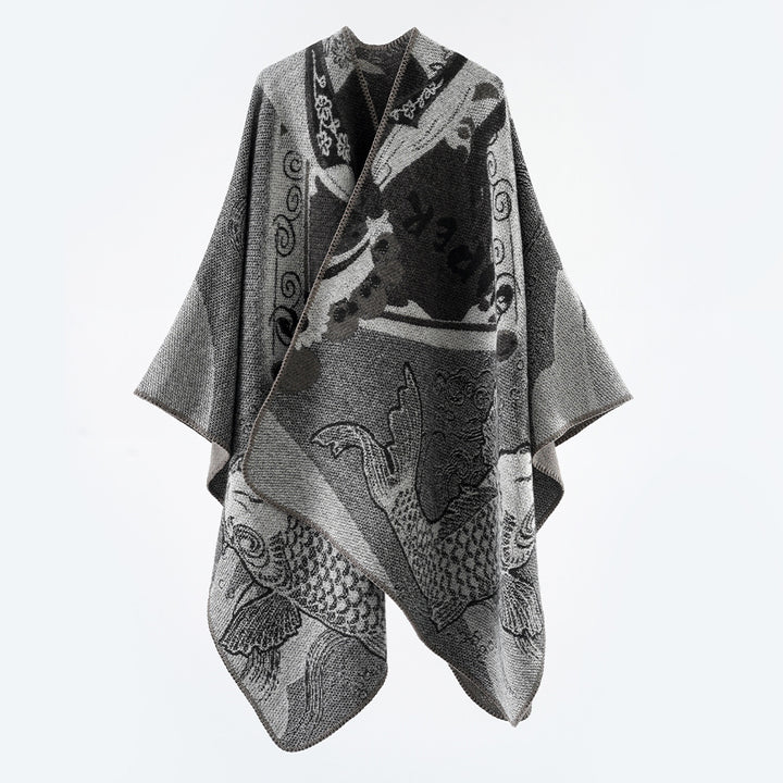 Damen Jacquard-Strick Cape mit Koi-Motiv und weitem Oversize-Fall Echo Archiv