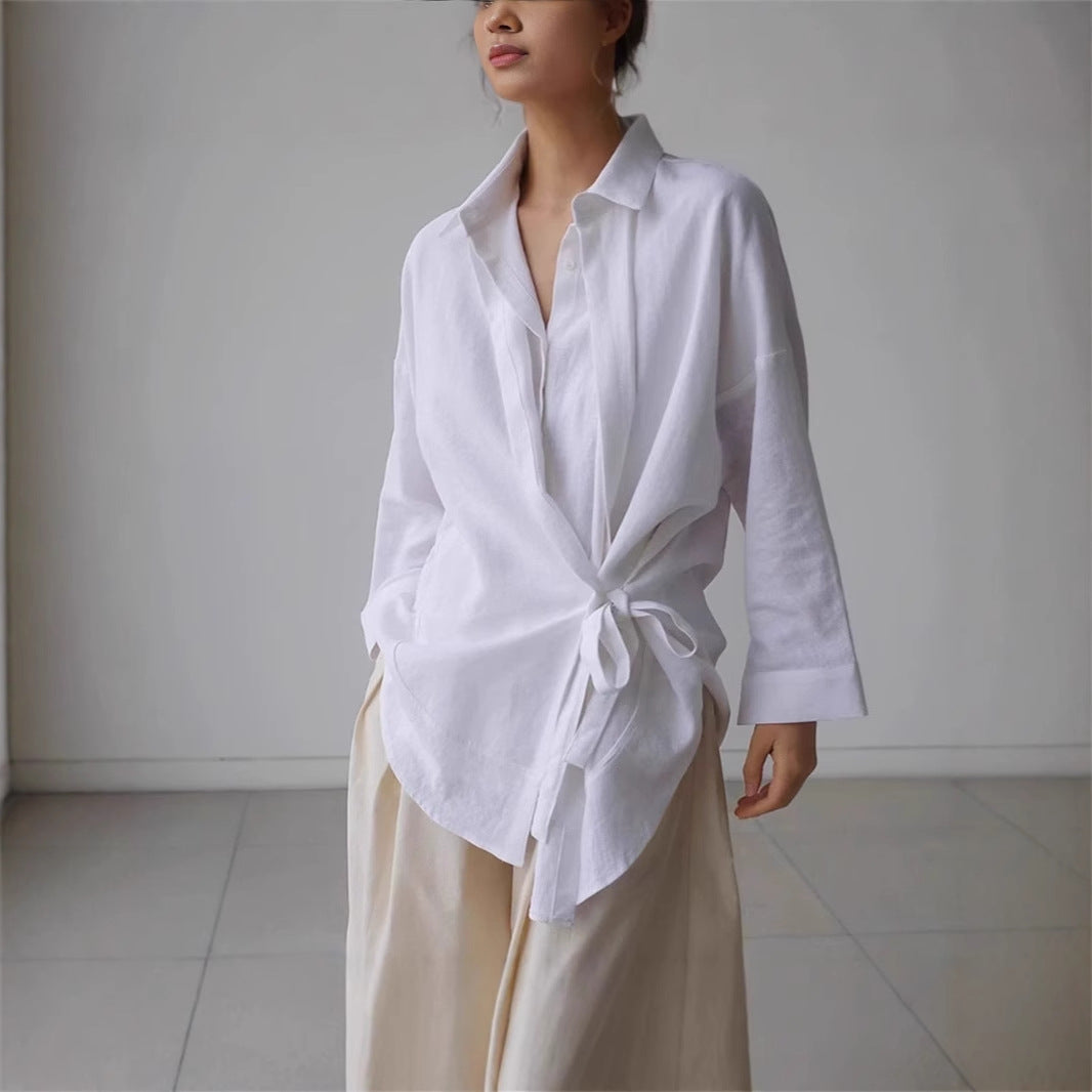 Damen Wickel-Langbluse aus Leinenmix mit Seitenschleife und Oversize-Schnitt – Élovi