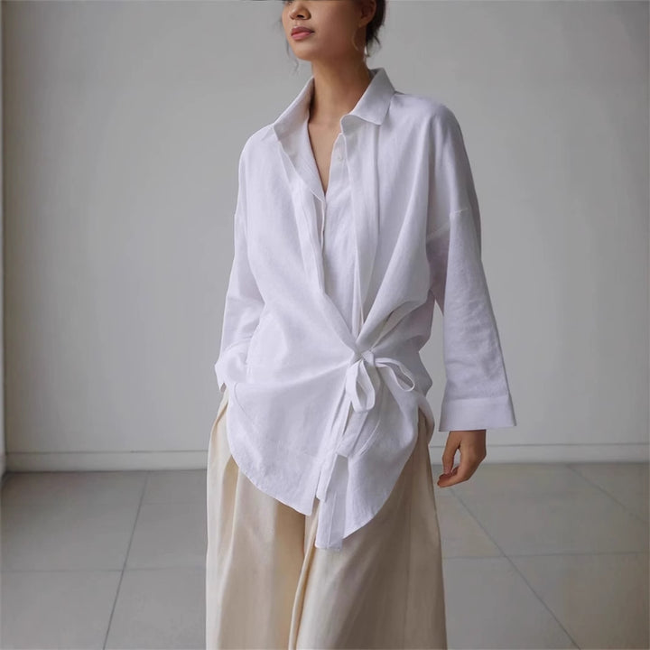 Damen Wickel-Langbluse aus Leinenmix mit Seitenschleife und Oversize-Schnitt – Élovi