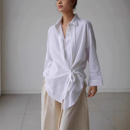 Damen Wickel-Langbluse aus Leinenmix mit Seitenschleife und Oversize-Schnitt – Élovi