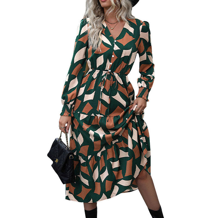 Damen Langes Stufen-Maxikleid mit grafischem Print, V-Ausschnitt, Kordelbund und gerafften Manschetten Echoarchiv
