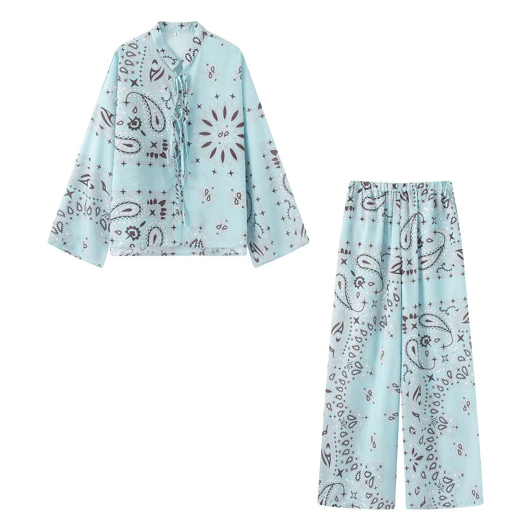 Damen Zweiteiliges Satinoptik-Lounge-Set mit Paisley-Print, Kimonokragen-Bluse und weiter Culotte-Hose Echo Archiv