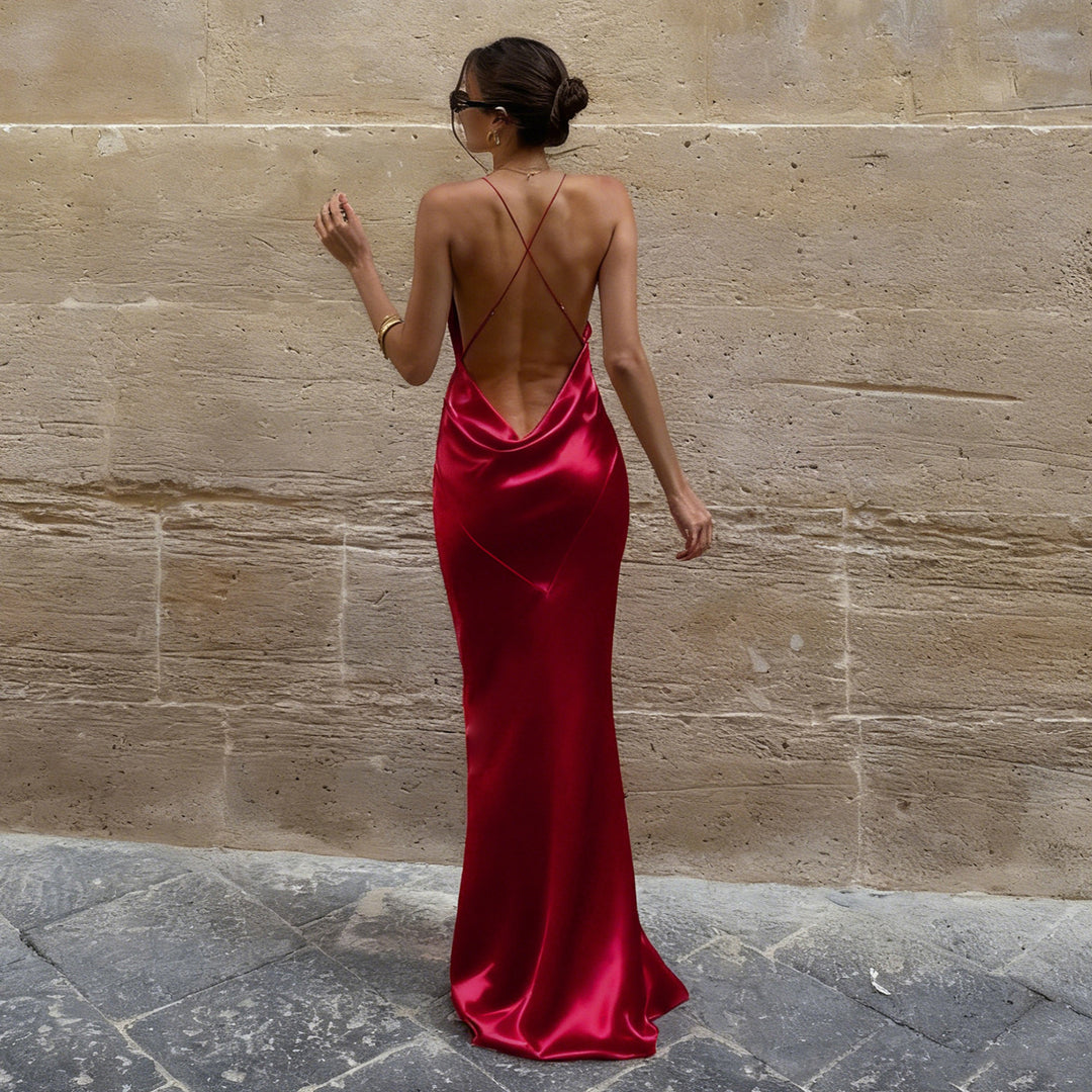 Damen elegantes Maxikleid mit tiefem V-Ausschnitt und fließendem Stoff Echo Archiv