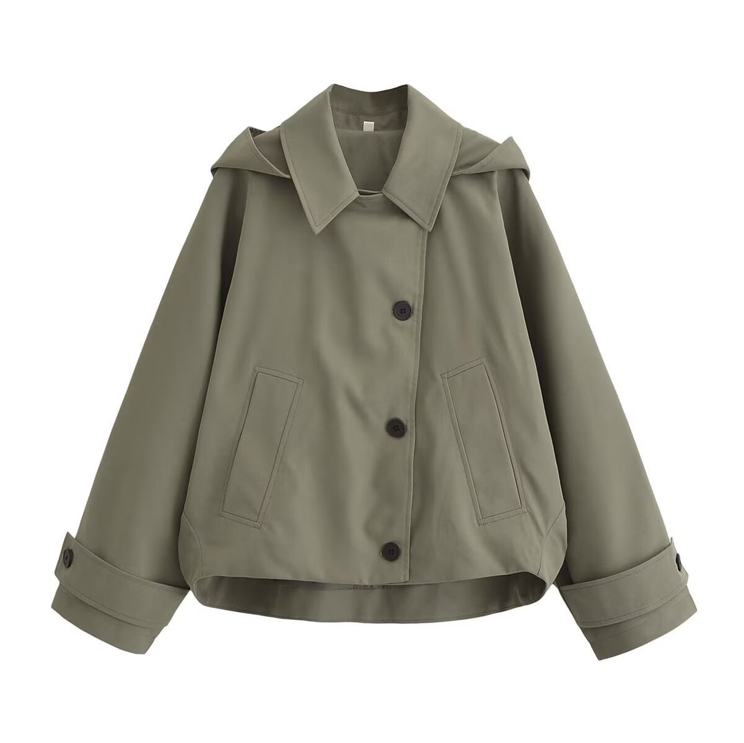 Damen Kurze Boxy-Übergangsjacke mit Kapuze und Hemdkragen Echoarchiv