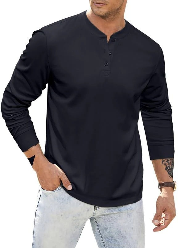 Herren langärmliges Henley-Shirt mit Knopfleiste und strukturierter Oberfläche Echoarchiv