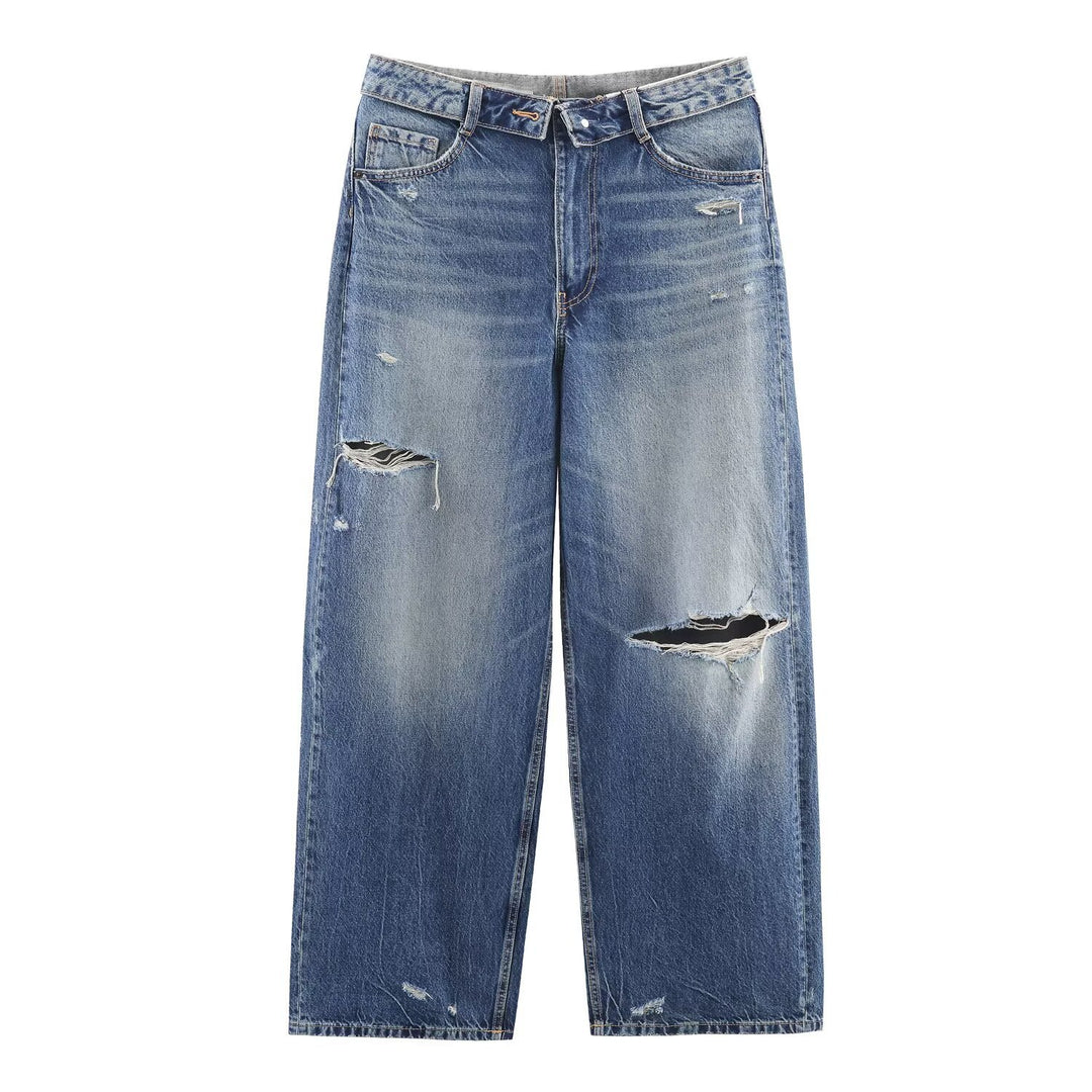 Damen nan weite hochgeschnittene Vintage-Jeans mit Destroyed-Effekten Echo Archiv