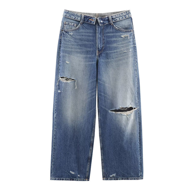 Damen nan weite hochgeschnittene Vintage-Jeans mit Destroyed-Effekten Echo Archiv