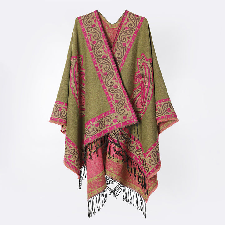 Damen Weicher Paisley-Jacquard Ruana-Überwurf mit V‑Ausschnitt und Fransen – Avérine