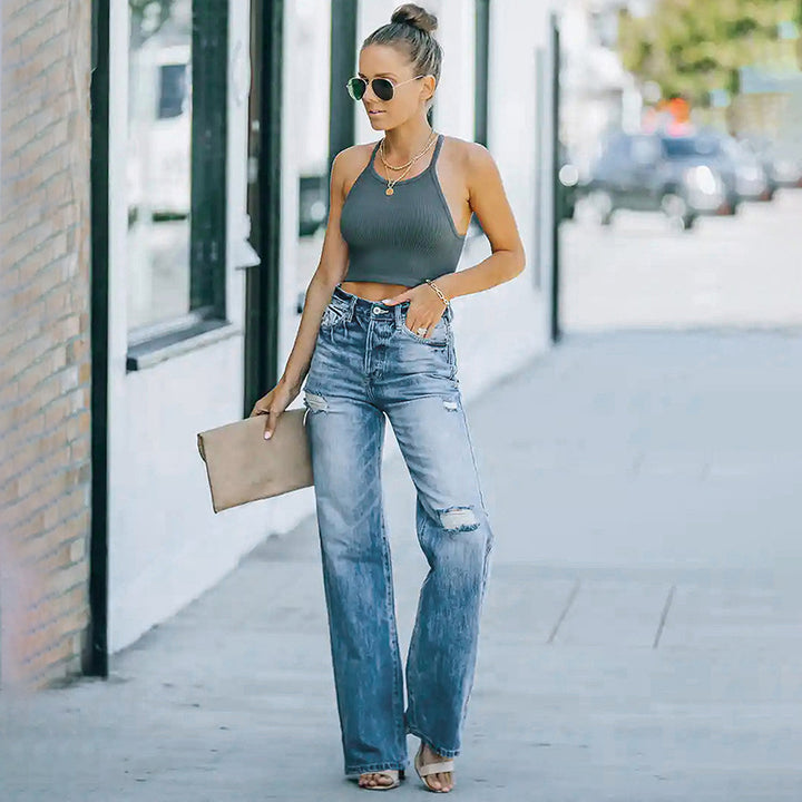 Damen Hochtaillierte weite Straight-Leg-Jeans mit Destroyed-Details Echo Archiv