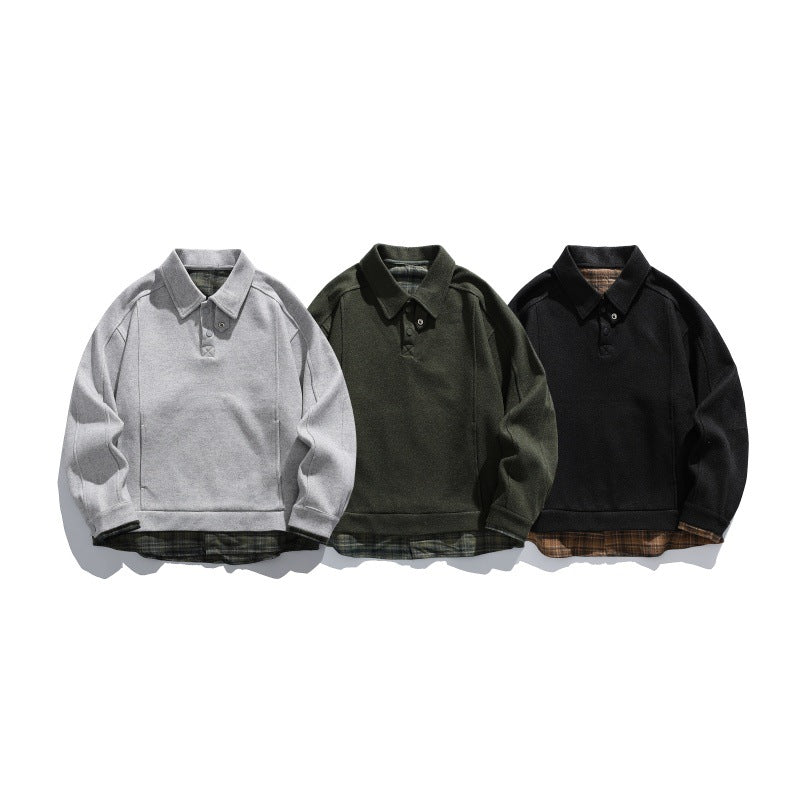 Herren Langärmeliges Polo‑Sweatshirt mit Kentkragen, Knopfleiste und eingearbeitetem Karo‑Layer Echoarchiv