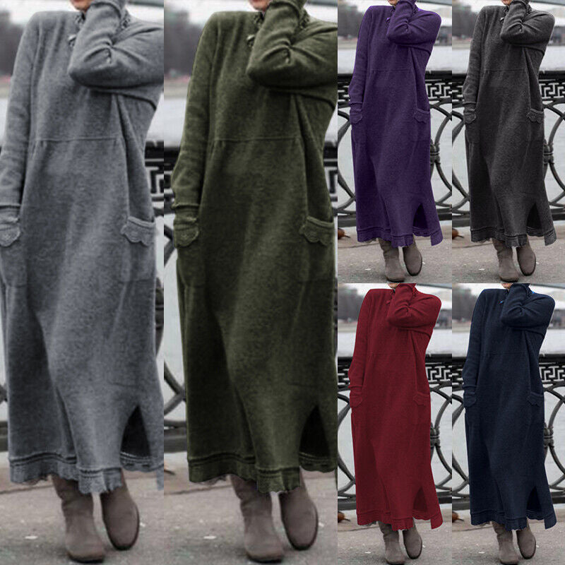 Damen nan langes Strickmaxikleid mit Seitenschlitzen und aufgesetzten Taschen Echo Archiv