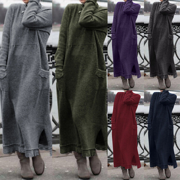 Damen nan langes Strickmaxikleid mit Seitenschlitzen und aufgesetzten Taschen Echo Archiv
