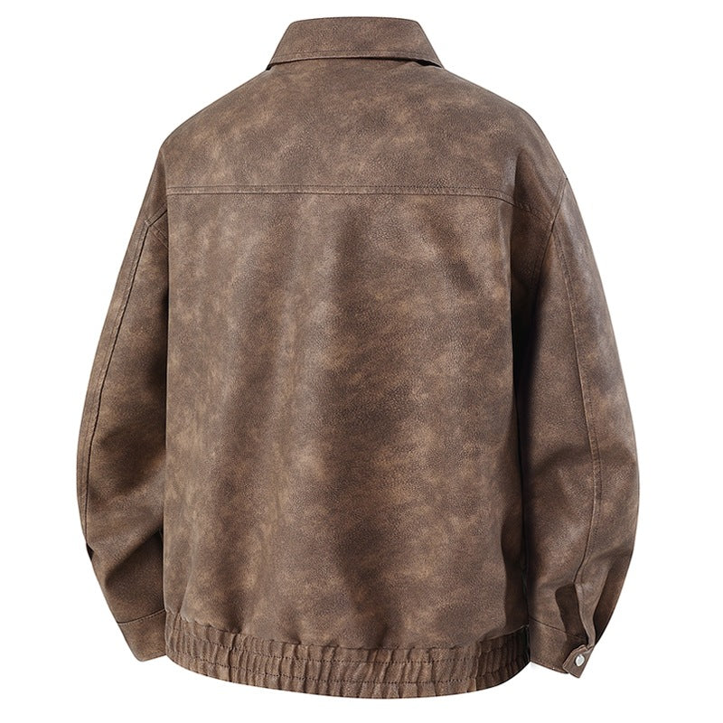 Herren Kurz geschnittene Kunstlederjacke im Vintage‑Look mit Hemdkragen & durchgehendem Reißverschluss Echoarchiv
