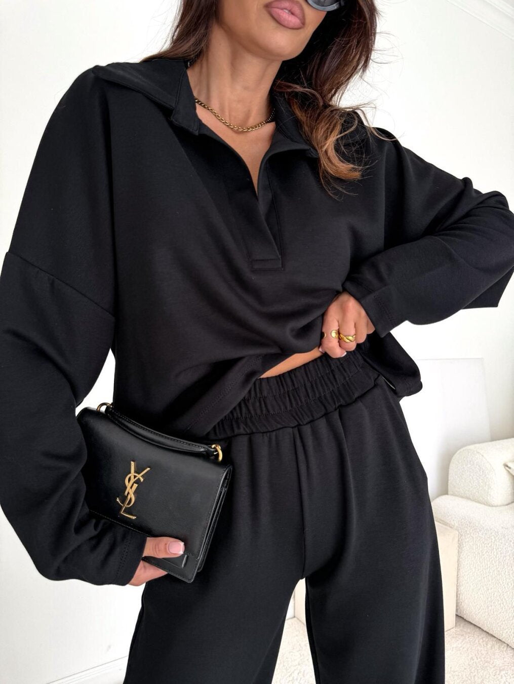 Damen Loungewear-Zweiteiler mit Hemdkragen-Cropped-Sweatshirt und weiter Palazzo-Hose – Élanora