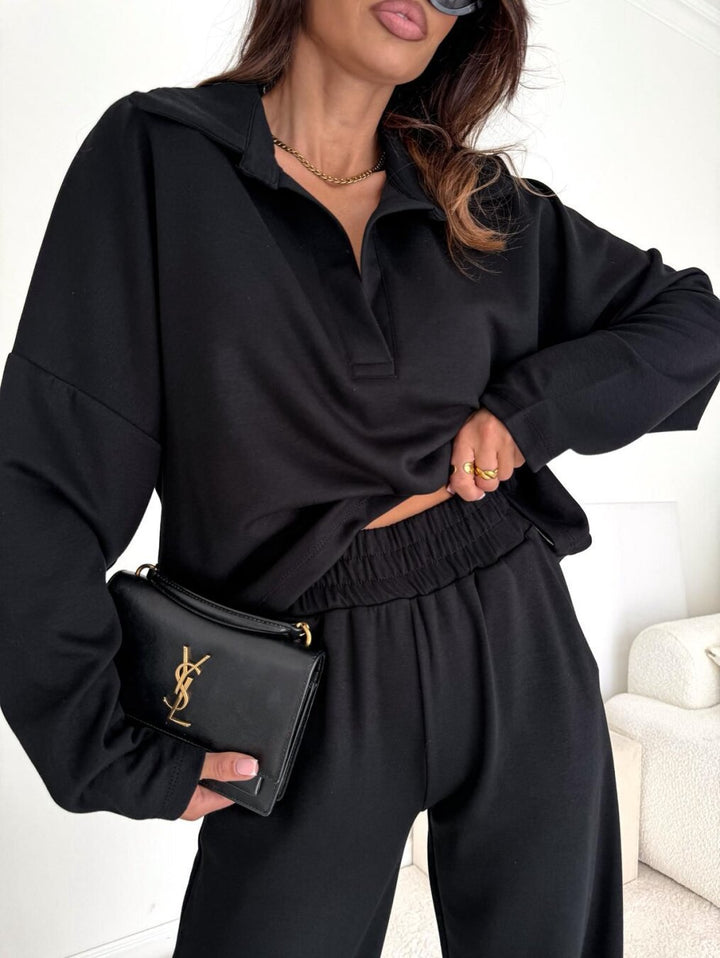 Damen Loungewear-Zweiteiler mit Hemdkragen-Cropped-Sweatshirt und weiter Palazzo-Hose – Élanora