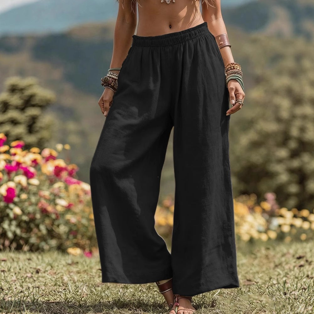 Damen Weite Leinenoptik Palazzo‑Hose mit elastischem Bund und Taschen Echoarchiv