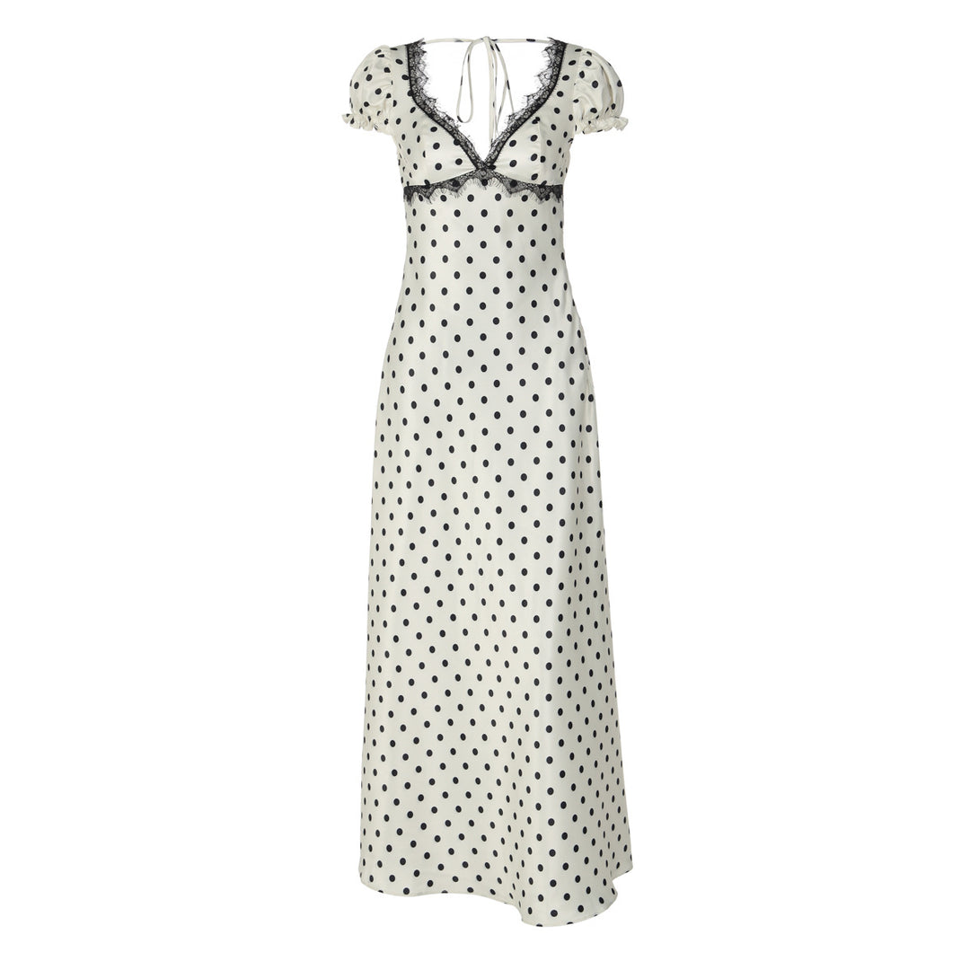 Damen Polka Dot Maxikleid mit eleganten Rüschendetails und nostalgischem Ausschnitt Echo Archiv