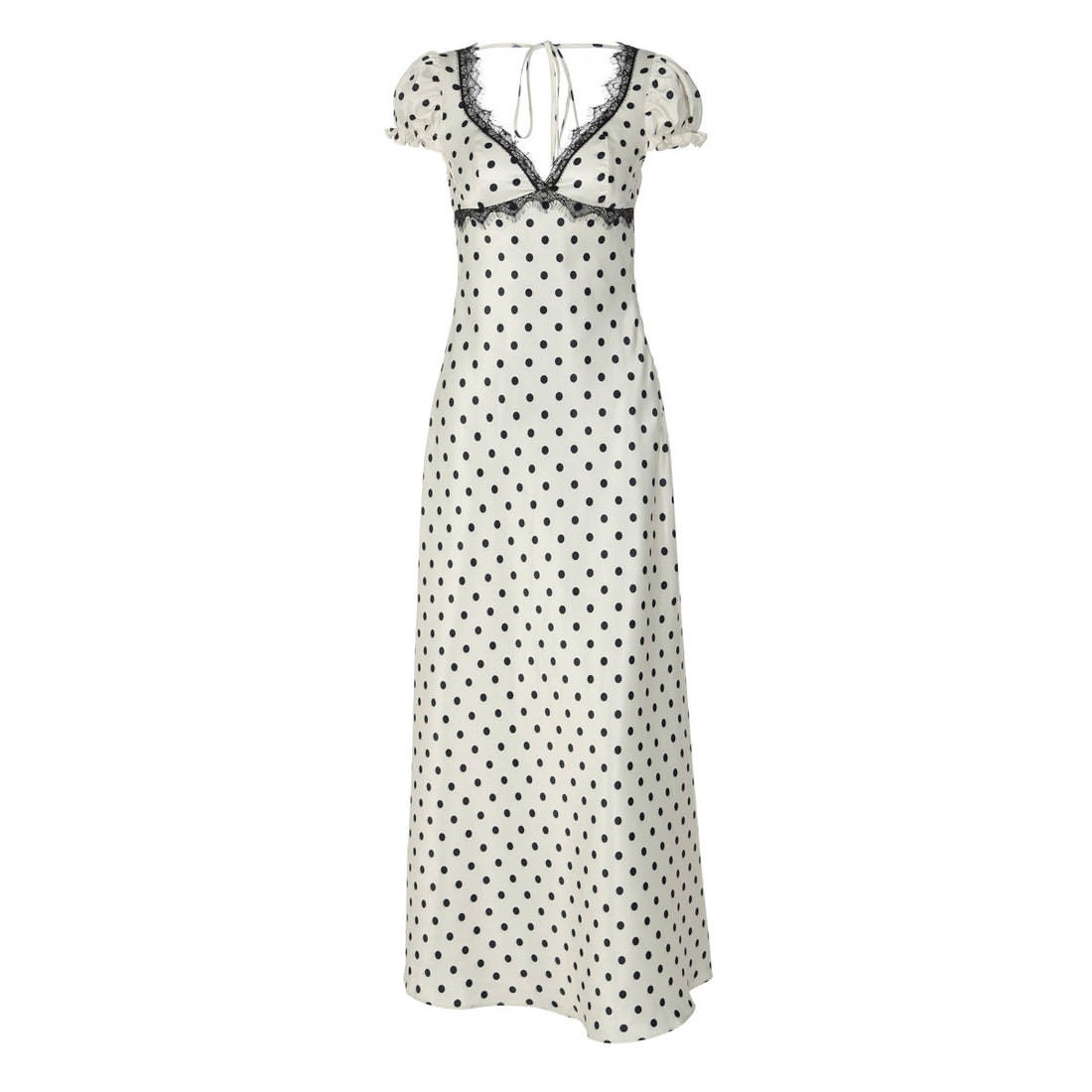 Damen Polka Dot Maxikleid mit eleganten Rüschendetails und nostalgischem Ausschnitt – Valéora
