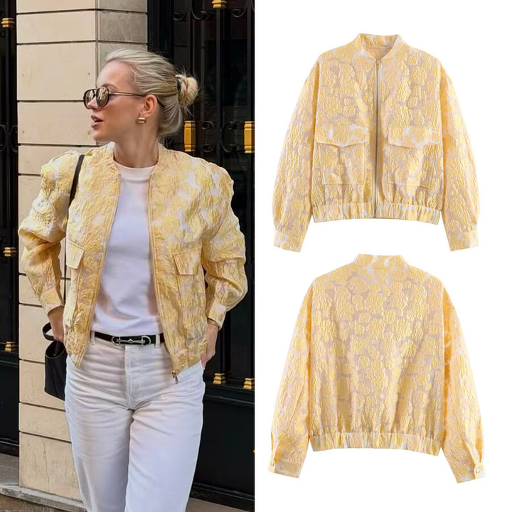 Damen Geprägte Bomberjacke mit Blumenjacquard, Reißverschluss und aufgesetzten Taschen Echo Archiv