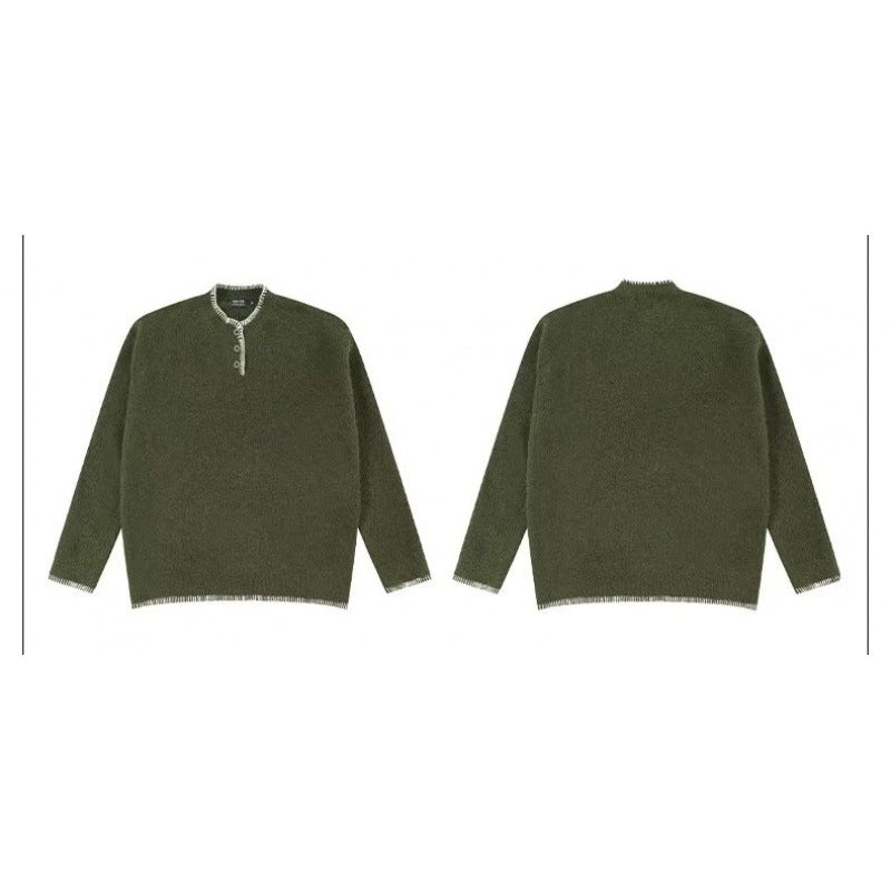 Herren Grobstrick-Henley-Pullover mit Bouclé-Optik und kontrastierten Bündchen Echoarchiv