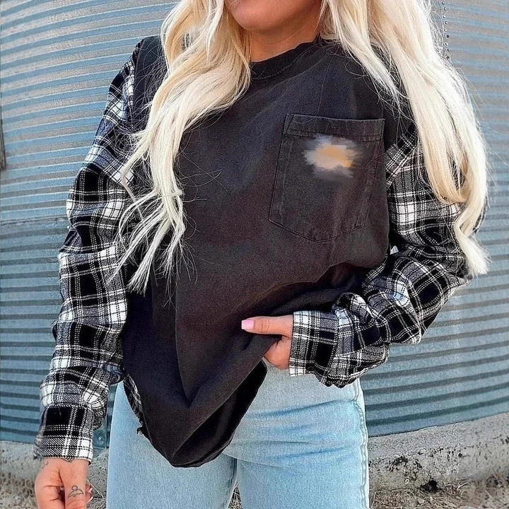 Damen nan Oversize-Sweatshirt im Materialmix mit Karoärmeln und aufgesetzter Brusttasche Echo Archiv