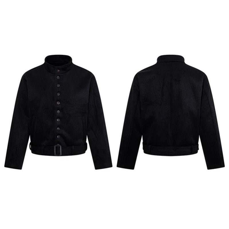 Herren Kurze Wollmix‑Jacke mit Stehkragen, durchgehender Knopfleiste und Taillengürtel Echoarchiv